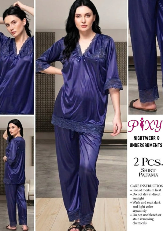Pixy Women's 2-Piece Jersey Silk Nightwear Set - Lace Trim Shirt & Pajama