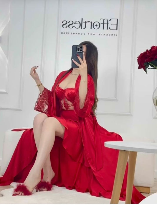 Black Silk Robe with Sheer Lace Overlay – Luxury Flowing Nightwear Set | Original Silk