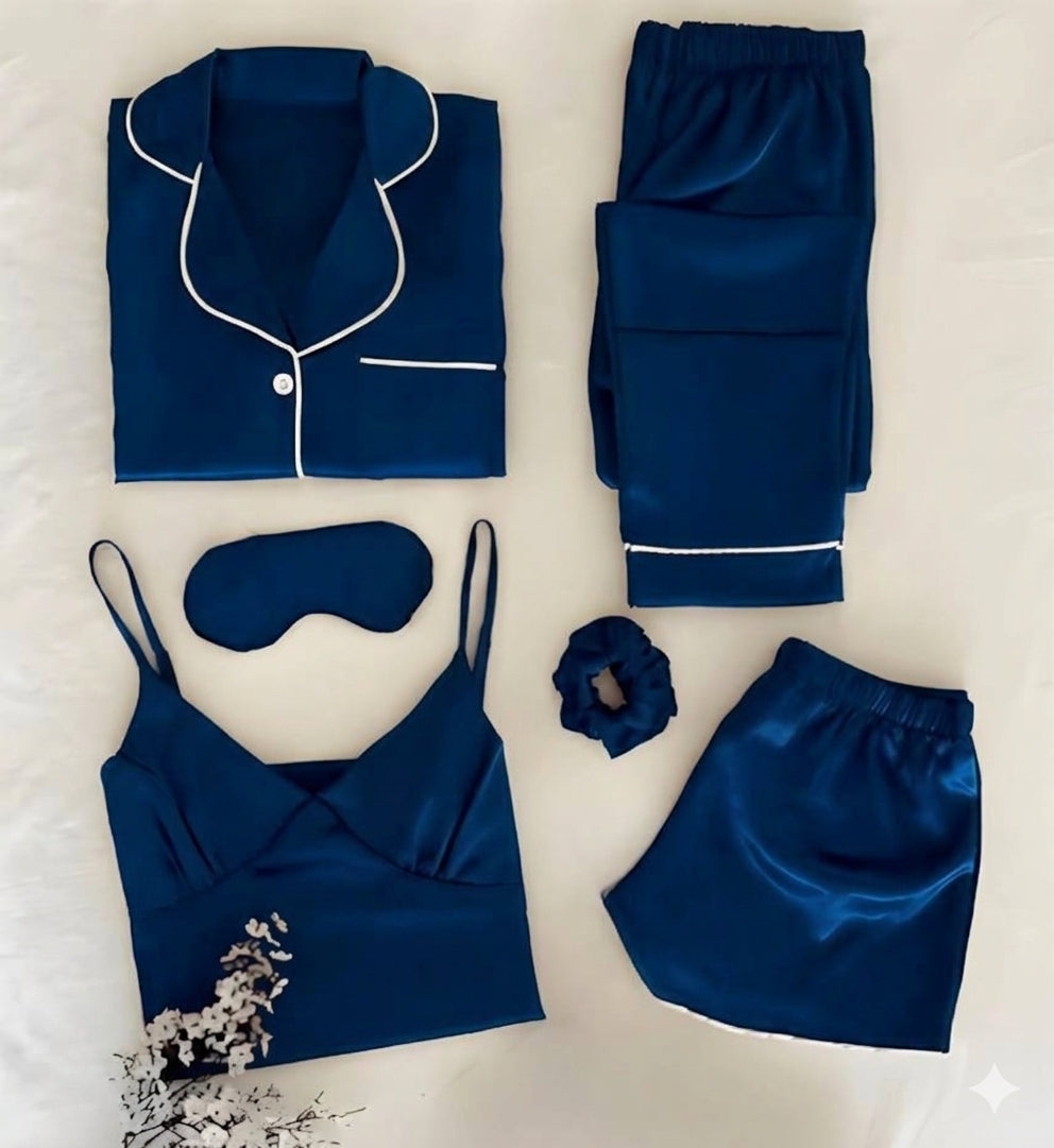 Women’s 5-Piece Satin Night Suit Set – Premium Sleepwear