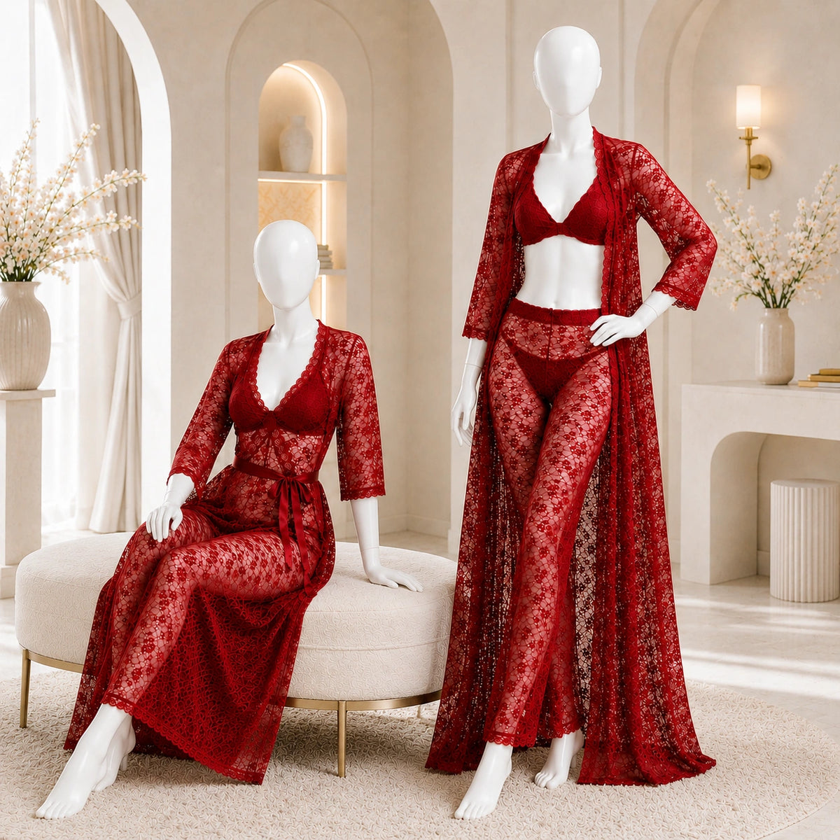 Premium 4-Piece Sheer Net Bridal Nightwear Set – Luxury Lace Robe, Lingerie & Inner