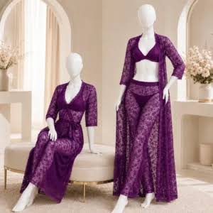 Premium 4-Piece Sheer Net Bridal Nightwear Set – Luxury Lace Robe, Lingerie & Inner