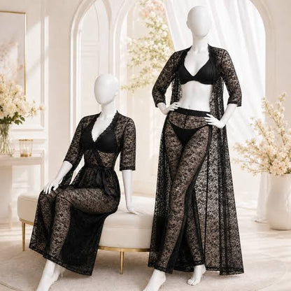 Premium 4-Piece Sheer Net Bridal Nightwear Set – Luxury Lace Robe, Lingerie & Inner