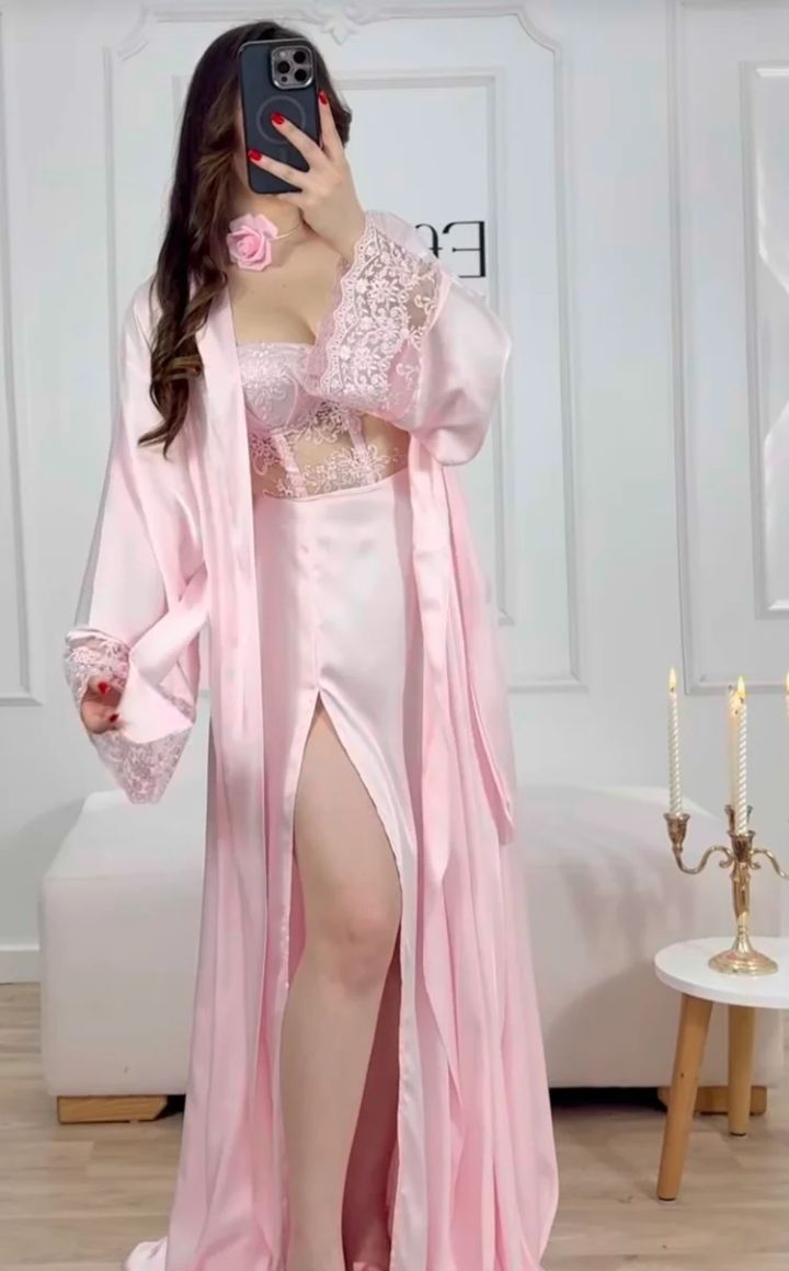 Black Silk Robe with Sheer Lace Overlay – Luxury Flowing Nightwear Set | Original Silk