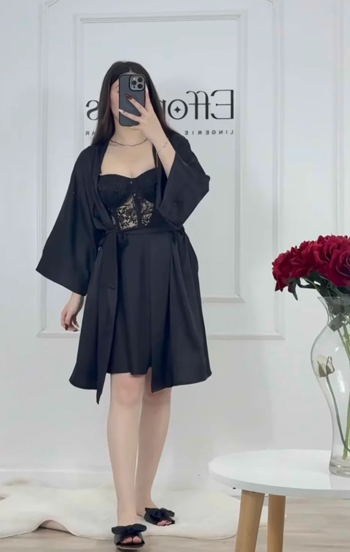 Black Silk Robe with Sheer Lace Overlay – Luxury Flowing Nightwear Set | Original Silk