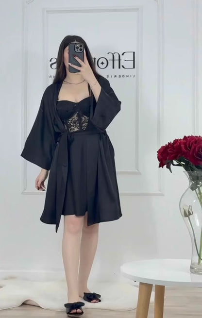 Black Silk Robe with Sheer Lace Overlay – Luxury Flowing Nightwear Set | Original Silk