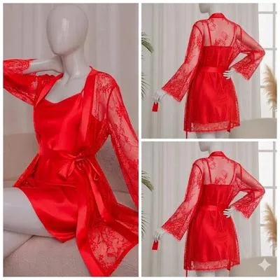 Luxe Crimson 3-Piece Silk & Lace Nightwear Set