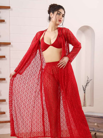Premium 4-Piece Sheer Net Bridal Nightwear Set – Luxury Lace Robe, Lingerie & Inner