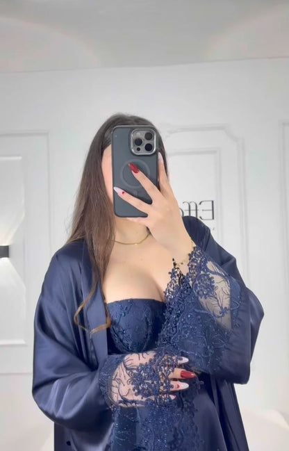 Black Silk Robe with Sheer Lace Overlay – Luxury Flowing Nightwear Set | Original Silk