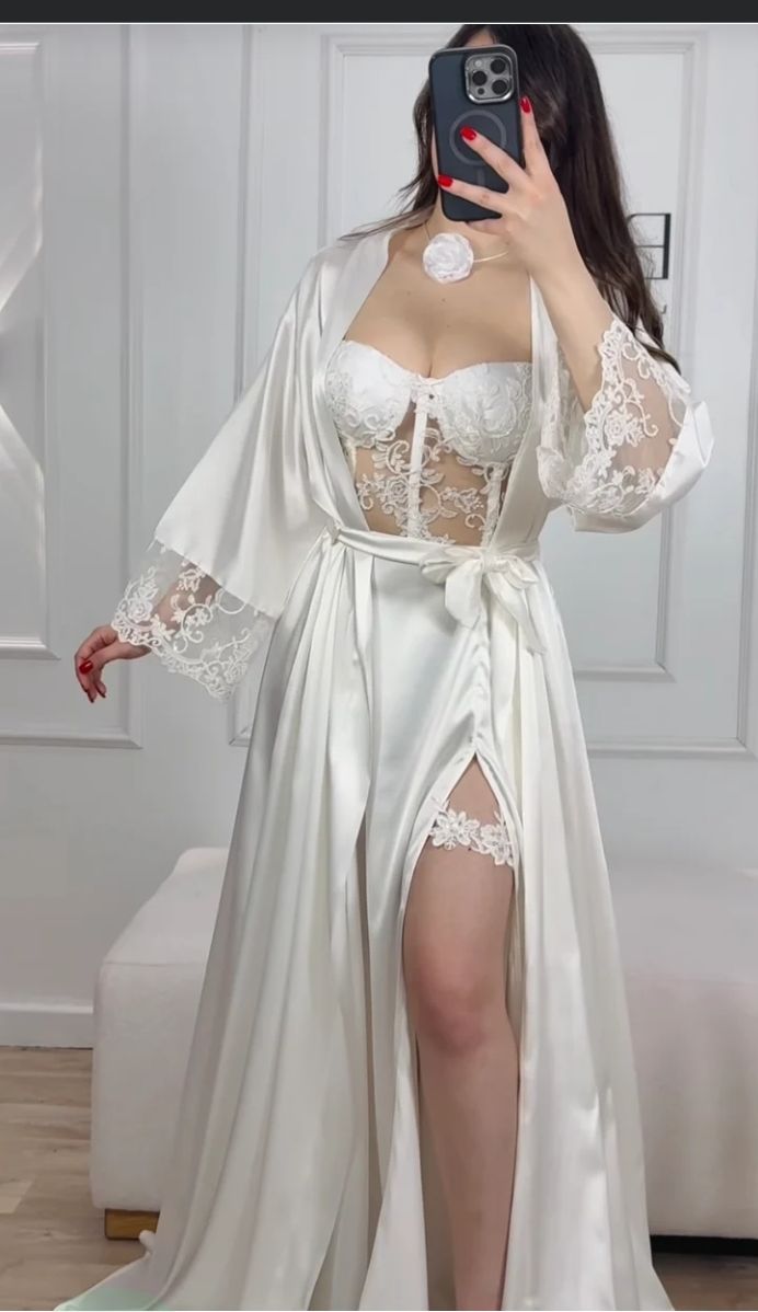 Black Silk Robe with Sheer Lace Overlay – Luxury Flowing Nightwear Set | Original Silk