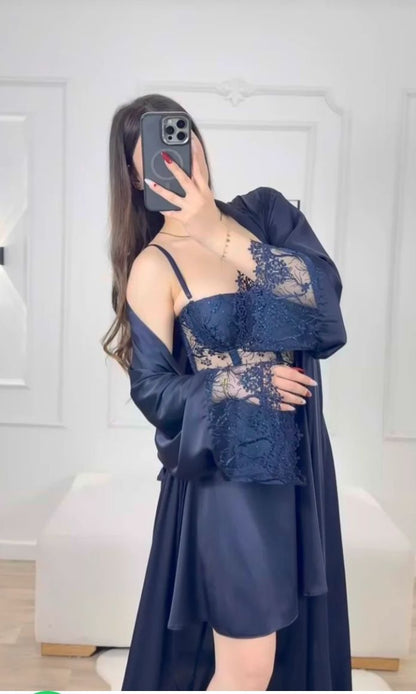 Black Silk Robe with Sheer Lace Overlay – Luxury Flowing Nightwear Set | Original Silk