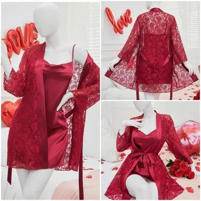 Luxe Crimson 3-Piece Silk & Lace Nightwear Set