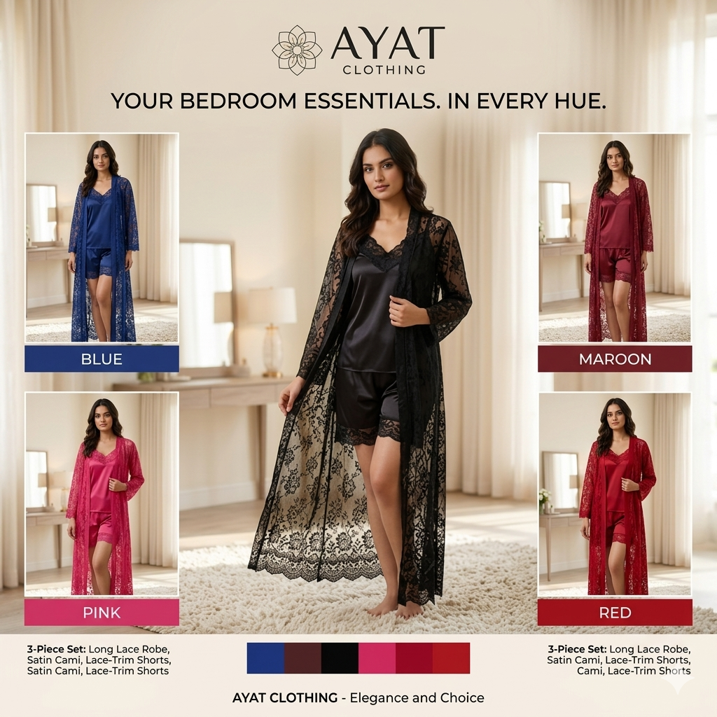 3-Piece Lace Robe Set – Satin Cami & Lace-Trim Shorts
