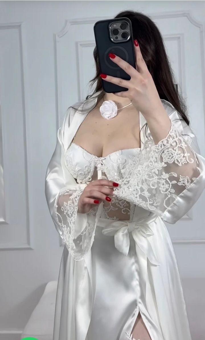 Black Silk Robe with Sheer Lace Overlay – Luxury Flowing Nightwear Set | Original Silk