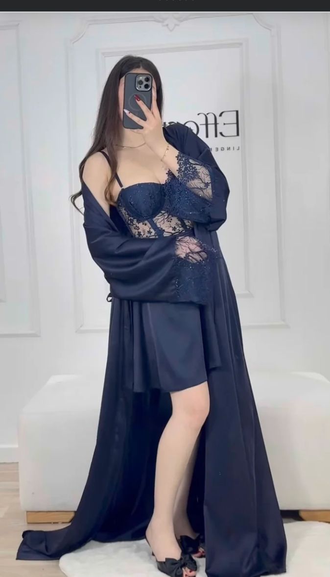 Black Silk Robe with Sheer Lace Overlay – Luxury Flowing Nightwear Set | Original Silk