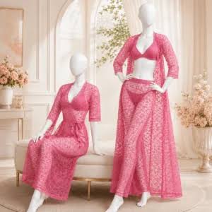 Premium 4-Piece Sheer Net Bridal Nightwear Set – Luxury Lace Robe, Lingerie & Inner